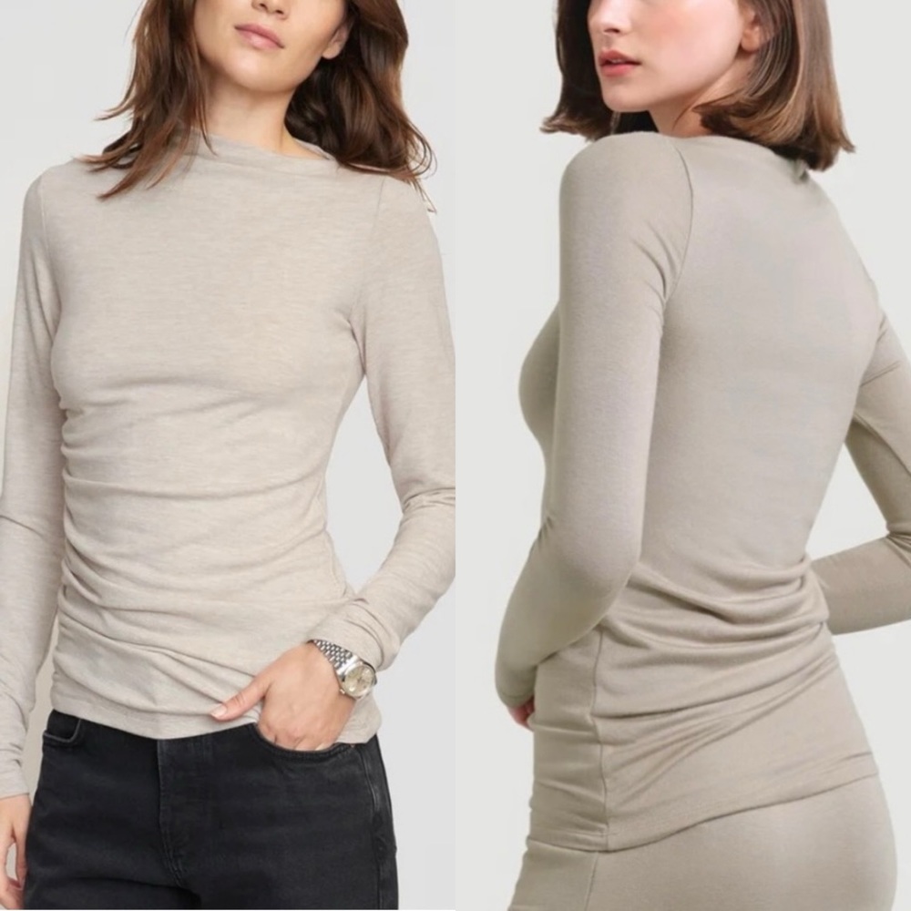 MDRN Modern Citizen Kimberly Long Sleeve Ruched Tee Umber Oatmeal Tan - S